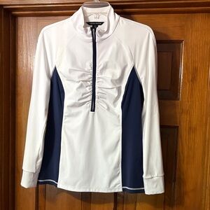Boston Proper Navy and White Ruched Long Sleeve Top